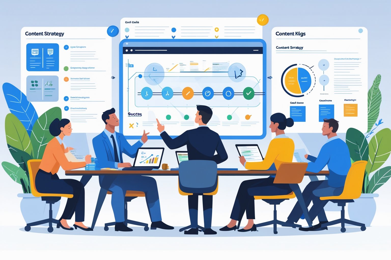 Mehrere Fachleute arbeiten gemeinsam an einem Tisch mit digitalen Geräten und Diagrammen, um Ziele und Erfolgskriterien für eine Content-Strategie zu planen.