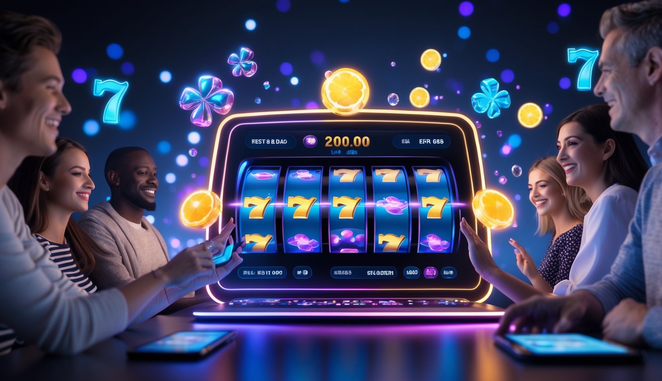 Orang-orang sedang bermain permainan slot online dengan efek visual yang menarik dan warna-warna cerah pada layar perangkat mereka.