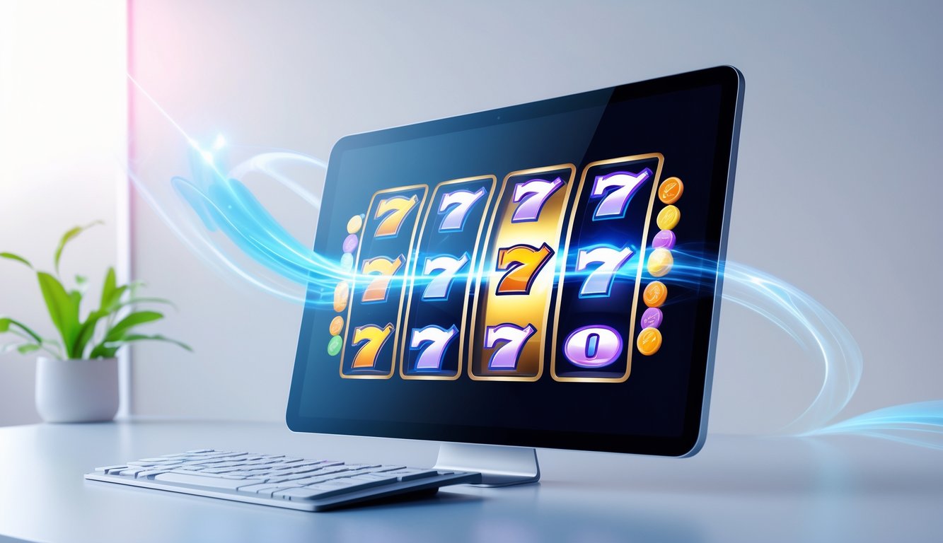 Tampilan layar komputer atau ponsel yang menampilkan permainan slot online dengan simbol berwarna-warni yang bergerak lancar.