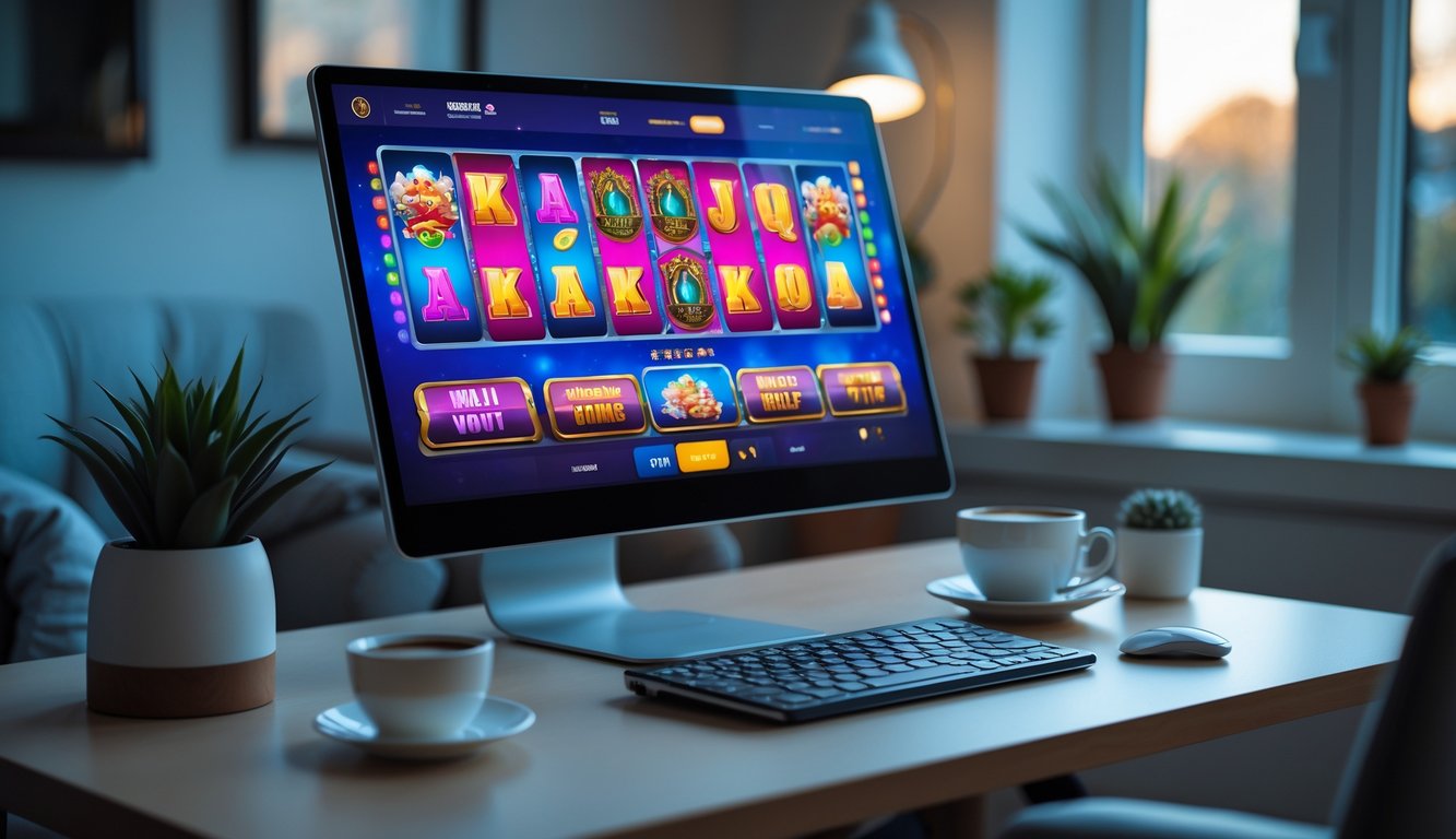 Sebuah meja kerja dengan komputer menampilkan permainan slot online yang berwarna-warni, suasana nyaman dengan cangkir minuman dan tanaman kecil di sekitarnya.