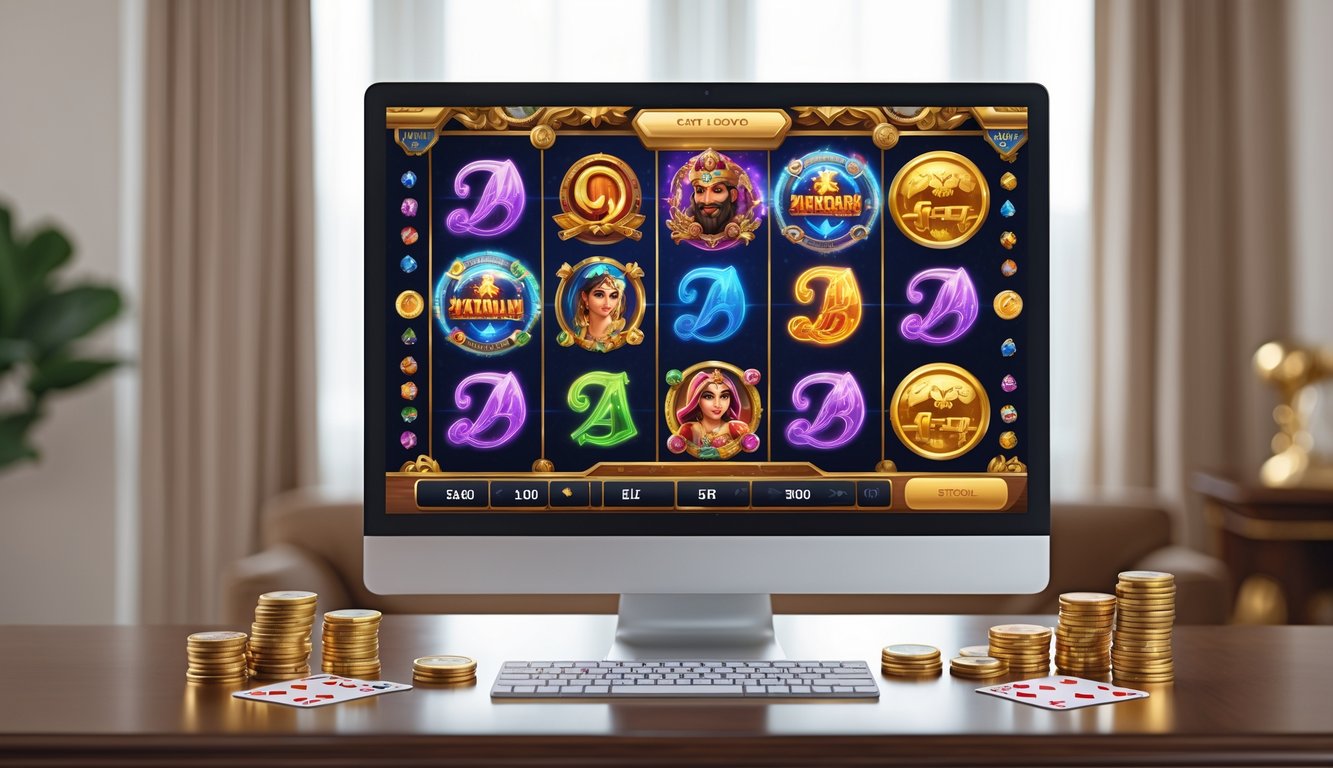 Tampilan layar komputer dengan permainan slot online bergambar tema eksklusif yang berwarna-warni di atas meja kayu dengan koin emas dan kartu remi di sekitarnya.