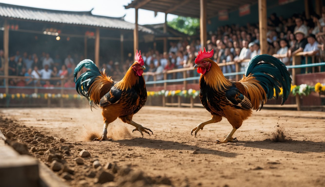 Dua ayam aduan sedang bertarung di arena terbuka dengan penonton yang antusias mengelilingi mereka.