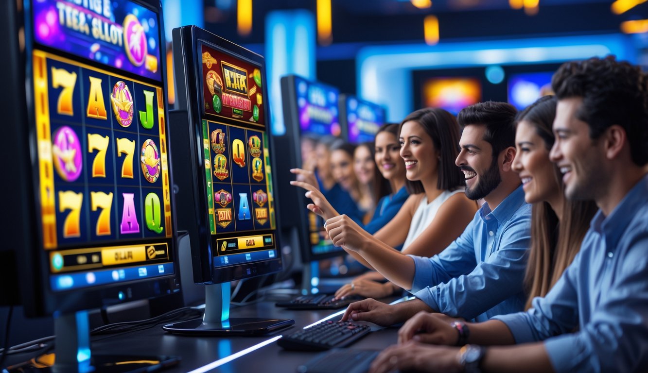 Orang-orang bermain mesin slot online di ruangan modern dengan beberapa layar komputer yang menampilkan permainan slot berwarna-warni.