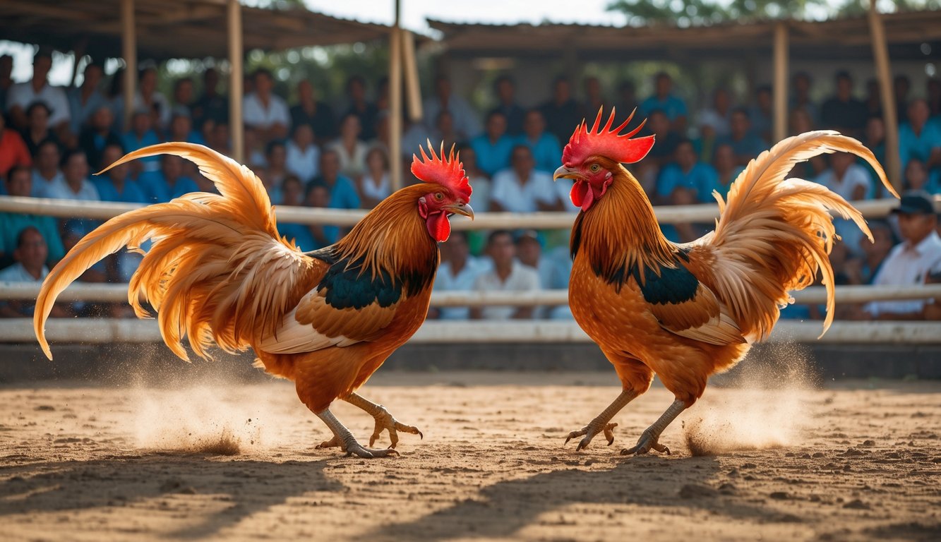 Dua ayam jago sedang bertarung di arena dengan penonton yang memperhatikan dengan serius.