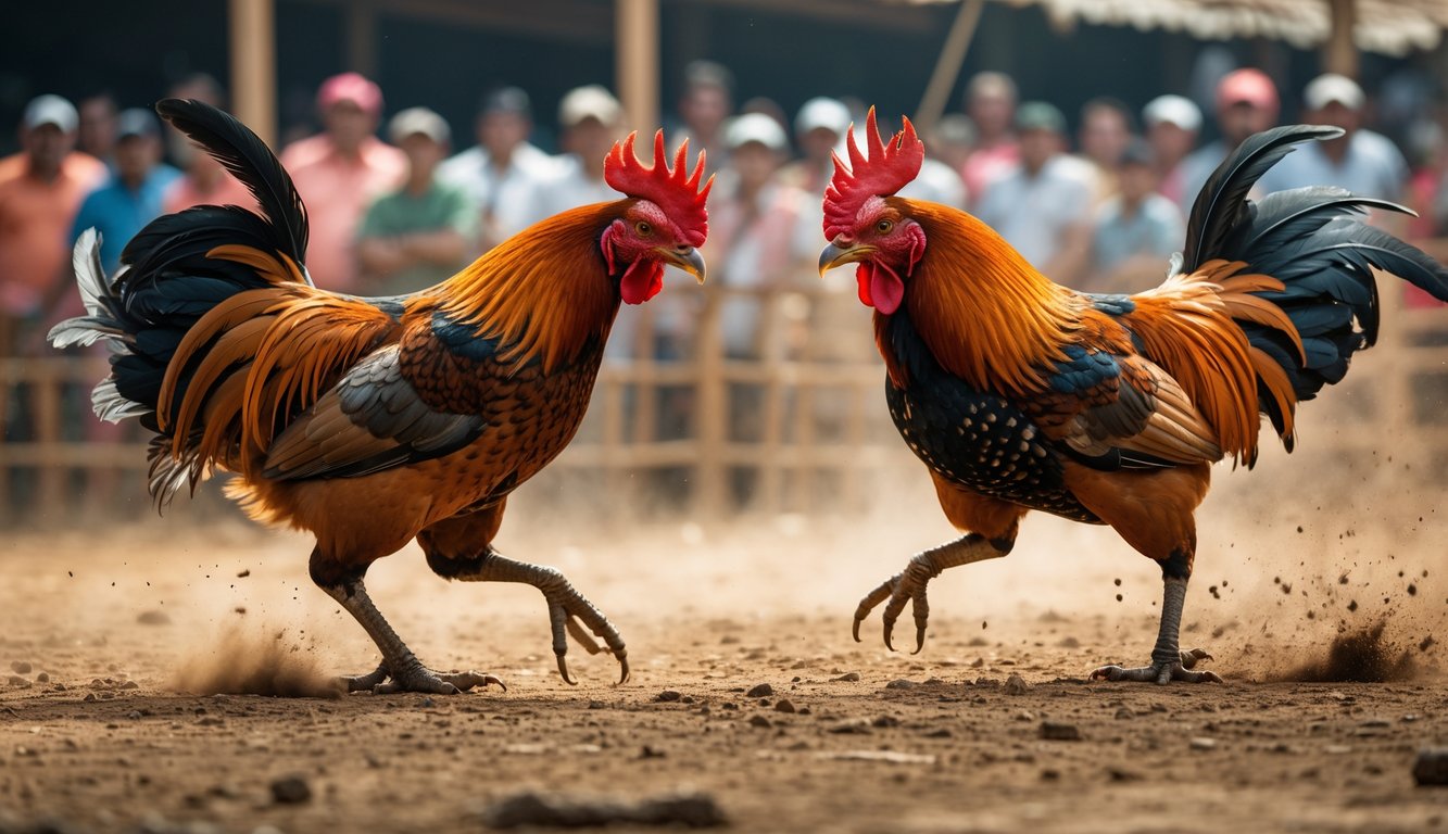 Dua ayam jantan sedang bertarung di depan kerumunan orang yang menonton dengan antusias.