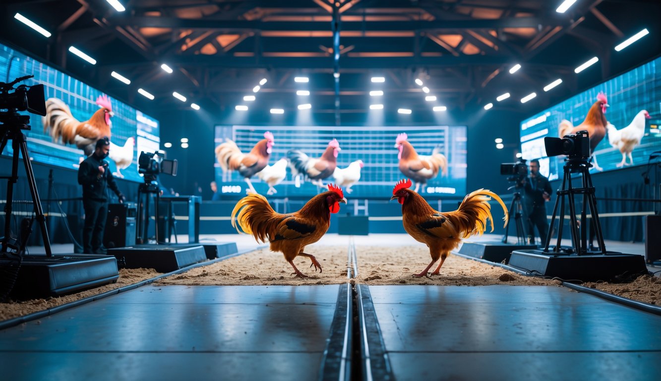 Arena sabung ayam modern dengan dua ayam bertarung dan peralatan teknologi siaran langsung di sekitarnya.