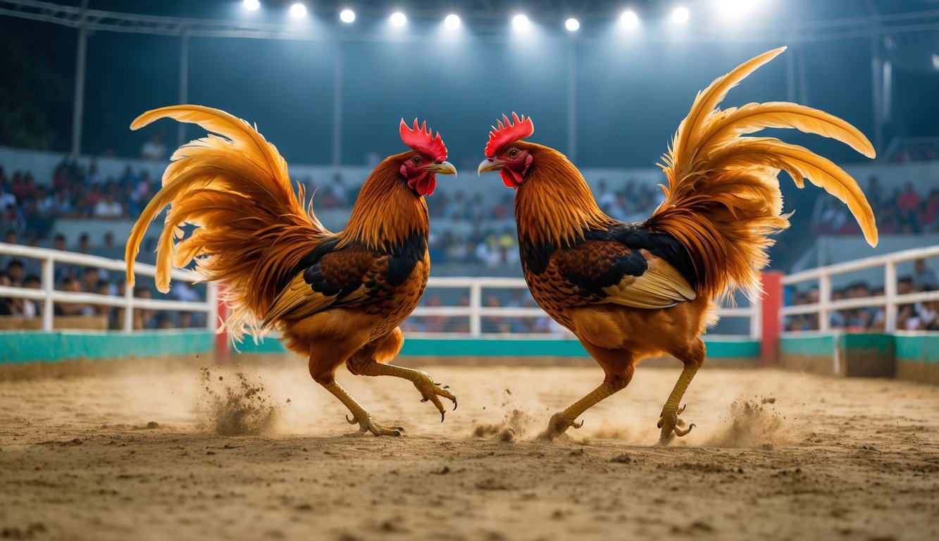 Dua ayam jantan sedang bertarung di arena sabung ayam dengan penonton yang memperhatikan di latar belakang.
