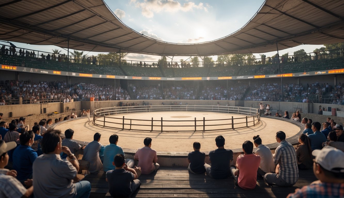 Arena sabung ayam modern dengan penonton yang antusias mengelilingi ring pertarungan ayam.