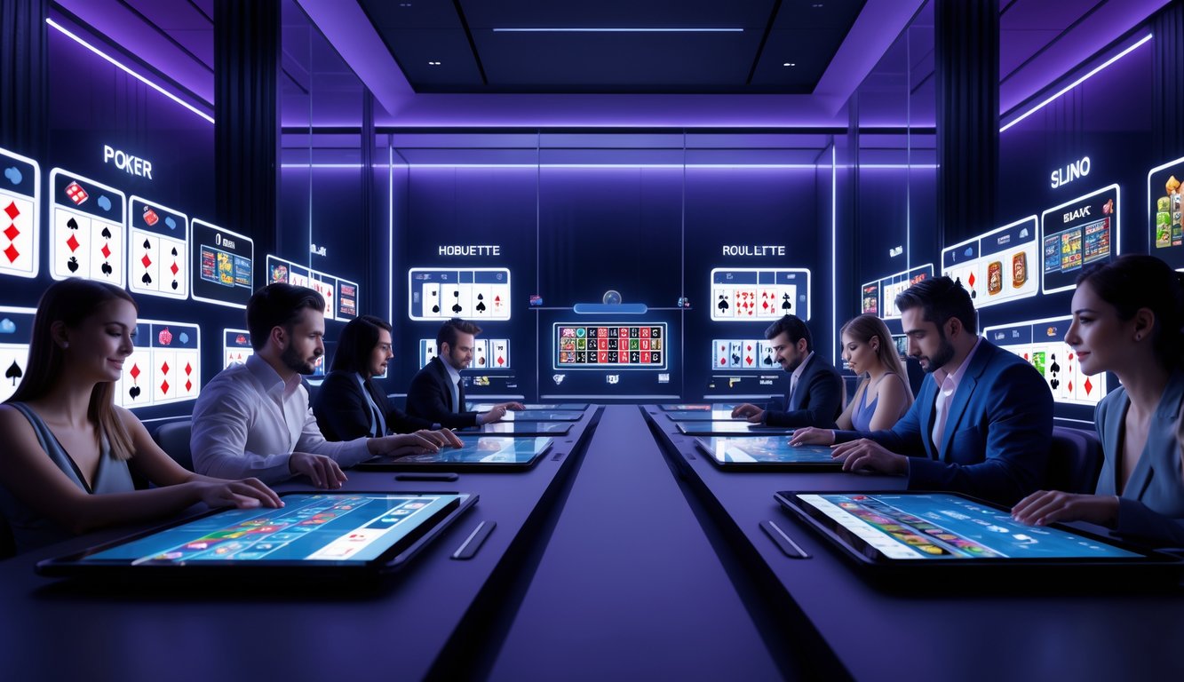 Orang-orang sedang bermain permainan kasino online dengan antarmuka digital modern di layar transparan dalam ruangan gelap dengan pencahayaan biru dan ungu.