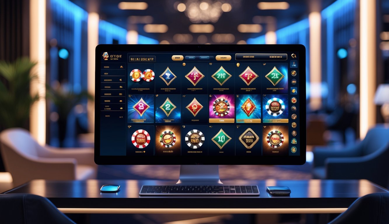 Layar komputer menampilkan berbagai permainan kasino interaktif dengan suasana mewah dan modern.