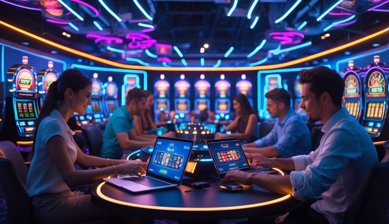 Orang-orang bermain di kasino online dengan layar digital yang menampilkan mesin slot, kartu poker, dan roda roulette.