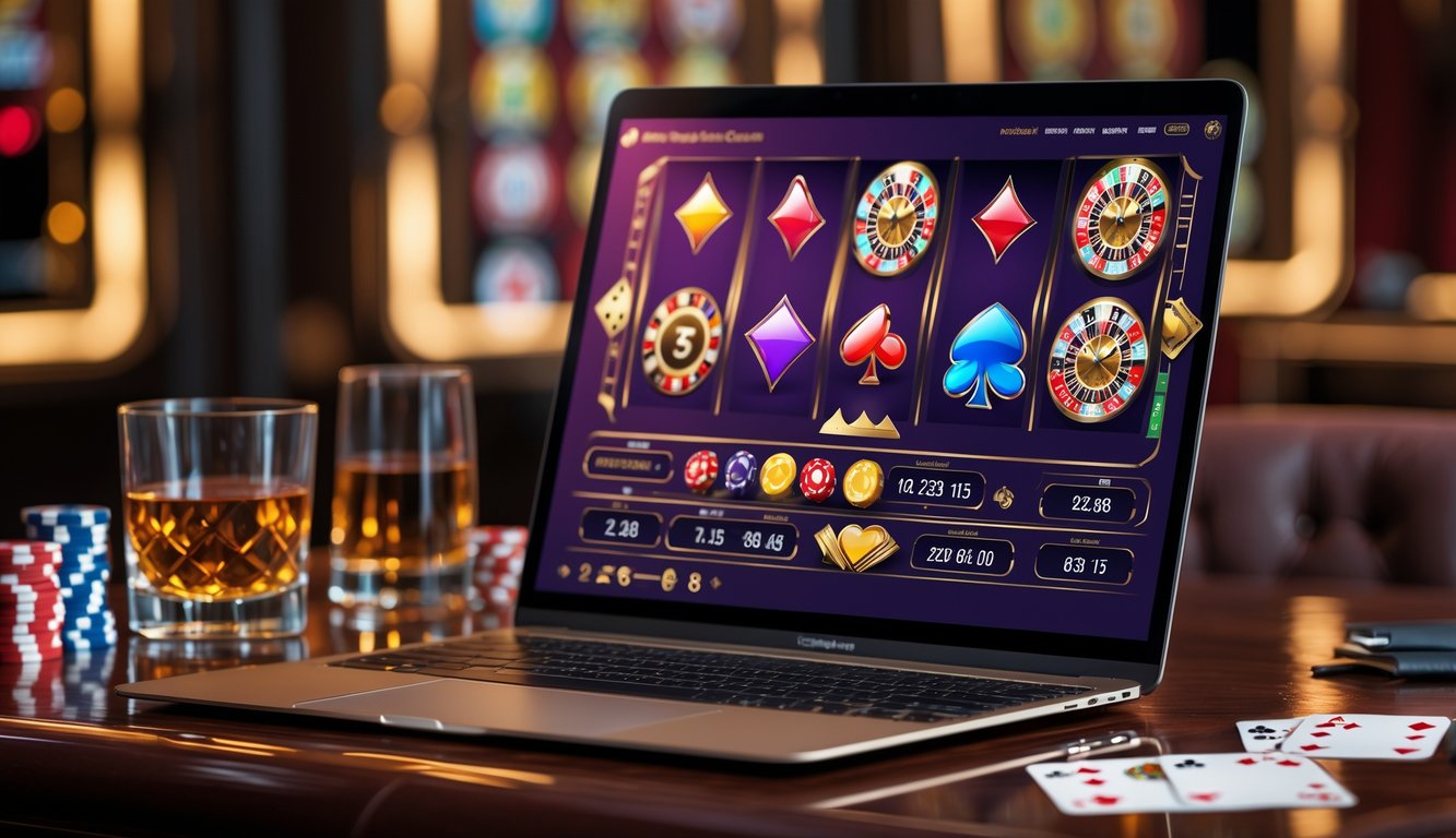 Seorang pengguna sedang bermain kasino online dengan komputer yang menampilkan permainan slot dan kartu, di atas meja terdapat chip poker dan minuman.
