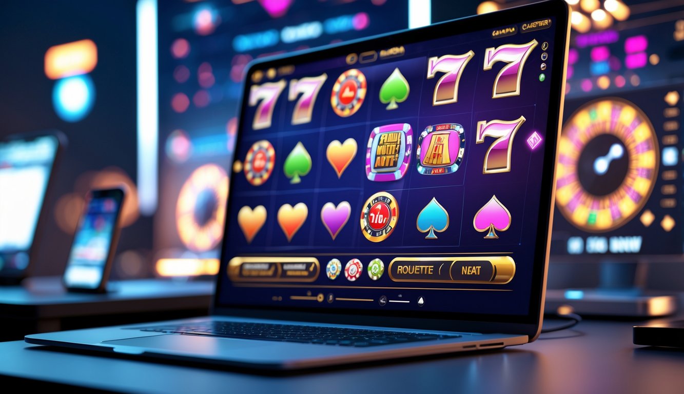 Seseorang menggunakan laptop dengan tampilan permainan kasino online di meja kerja yang rapi dengan ponsel di sampingnya.