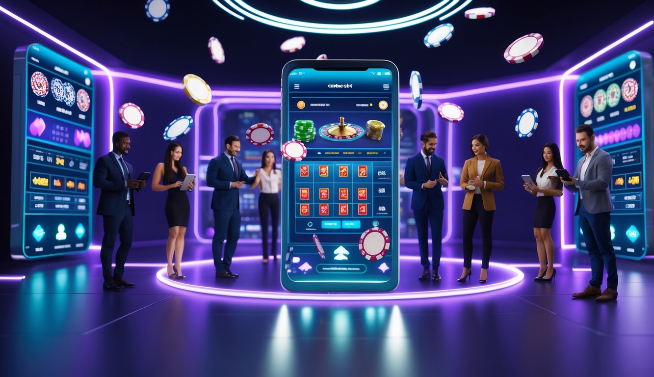 Orang-orang menggunakan perangkat digital di depan layar dengan elemen kasino seperti kartu dan chip dalam suasana modern dan futuristik.