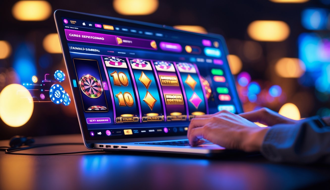 Layar komputer menampilkan antarmuka kasino online dengan mesin slot virtual dan meja poker, dikelilingi oleh elemen teknologi dan pencahayaan hangat.