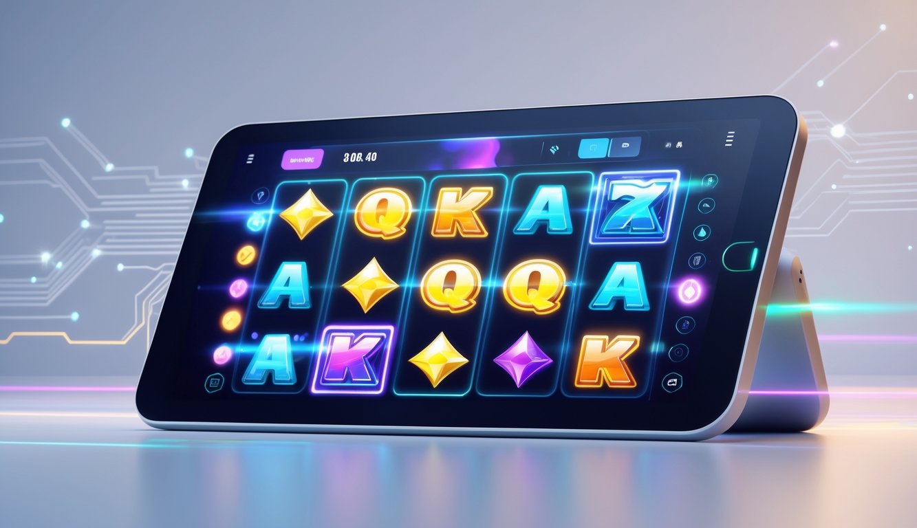 Sebuah perangkat digital menampilkan permainan slot online dengan simbol warna-warni dan latar belakang teknologi modern.