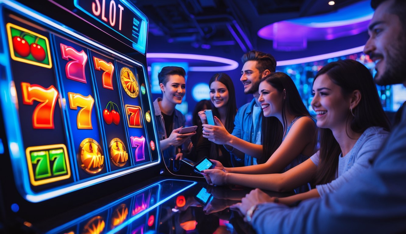 Orang-orang muda sedang bermain mesin slot online modern dengan layar digital berwarna cerah di ruang permainan yang gelap dengan pencahayaan neon.