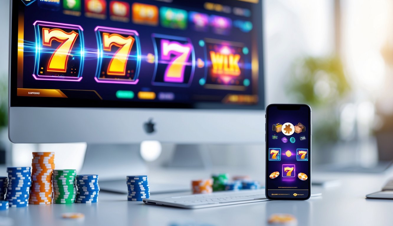 Layar komputer dan ponsel menampilkan permainan slot online dengan ikon warna-warni di atas meja bersih dengan chip poker dan kartu remi di sekitar.
