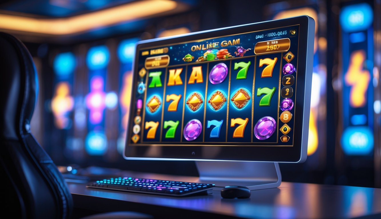Sebuah layar komputer menampilkan permainan slot online dengan simbol berwarna-warni yang sedang berputar dan elemen interaktif di ruangan gaming yang modern.