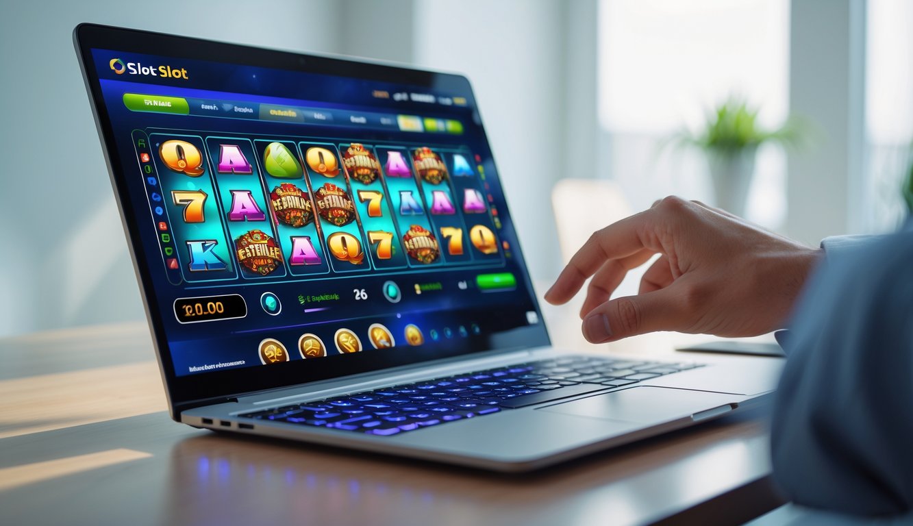Sebuah laptop di meja kantor menampilkan permainan slot online dengan antarmuka yang jelas dan warna-warni, tangan seseorang sedang berinteraksi dengan laptop tersebut.