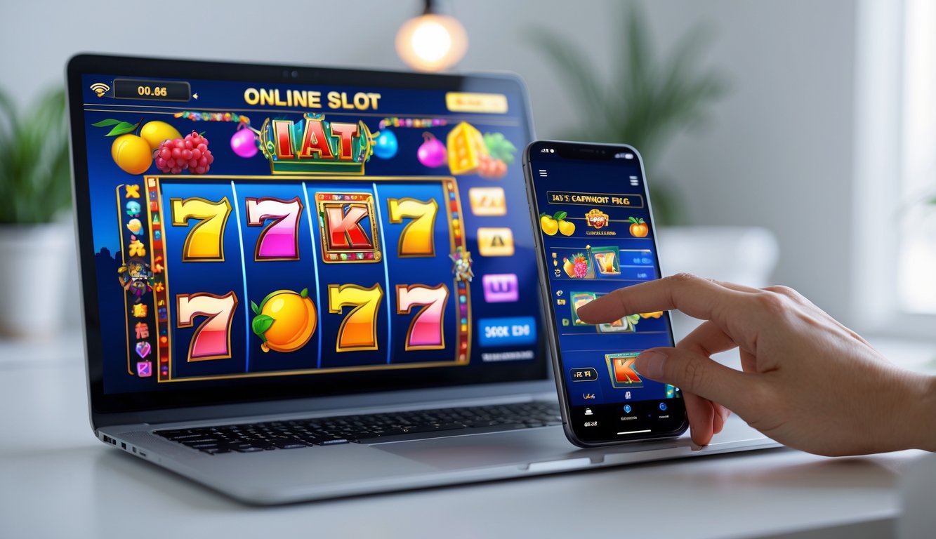Seseorang menggunakan laptop dan ponsel untuk bermain permainan slot online dengan tampilan yang cerah dan menarik.
