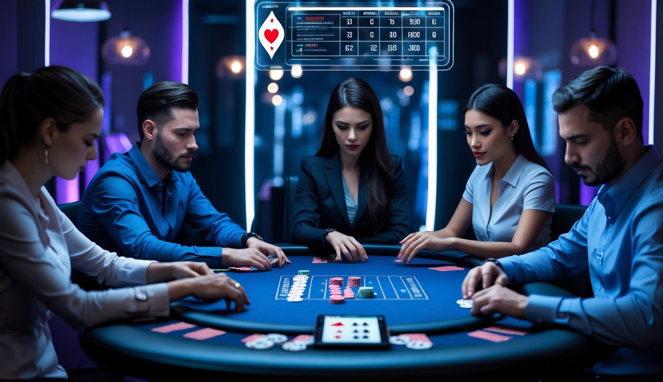 Beberapa pemain poker duduk di sekitar meja poker modern dengan suasana kompetitif dan fokus pada permainan strategi.