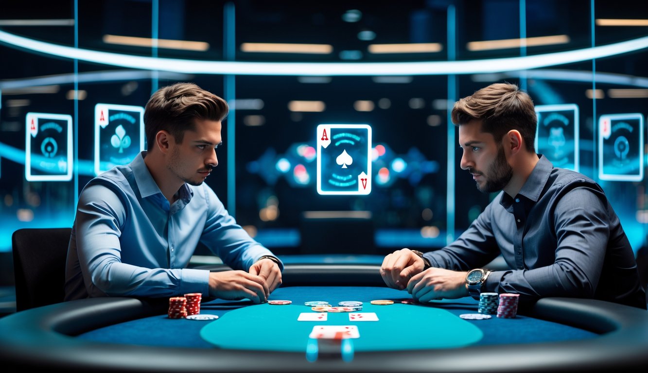 Dua pemain poker profesional sedang berduel secara online di meja poker virtual dengan suasana modern dan fokus.