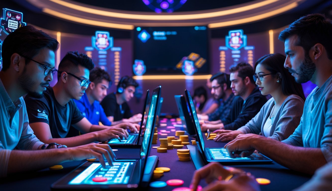 Sekelompok pemain poker online sedang bermain dengan serius di laptop dan tablet dalam suasana turnamen yang dinamis.