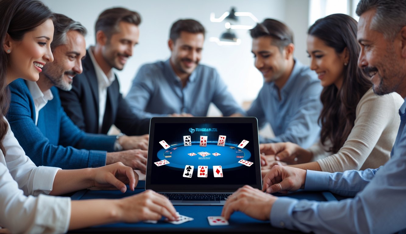 Orang-orang bermain poker online di depan komputer dengan suasana yang serius dan menyenangkan.