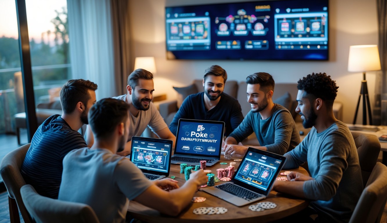 Sekelompok orang bermain poker online bersama di ruang tamu modern dengan laptop dan tablet.