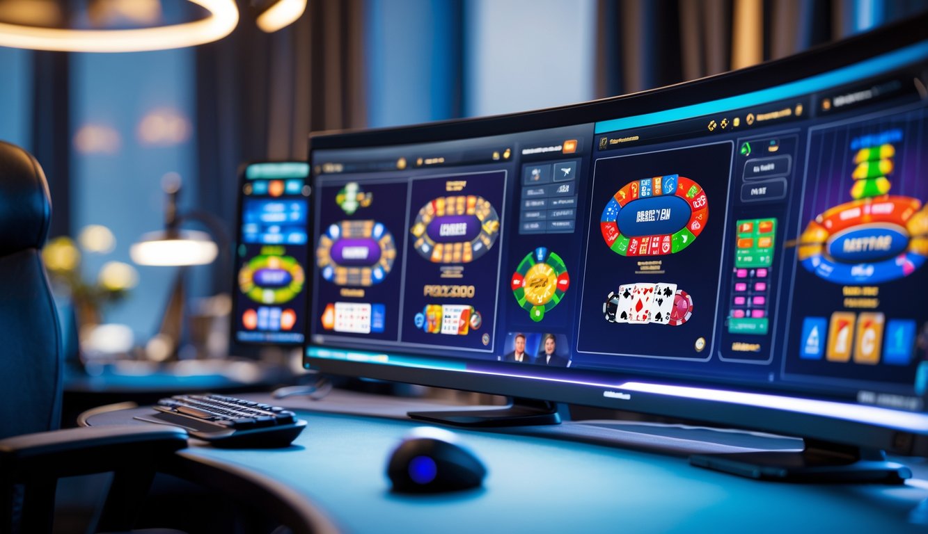 Sebuah ruangan dengan komputer menampilkan berbagai meja poker online yang berbeda di layar.