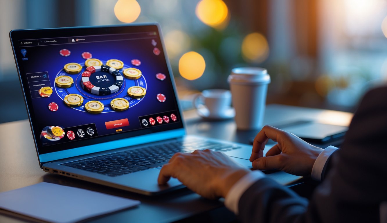 Seorang pemain sedang bermain poker online di komputer dengan tumpukan chip poker dan kartu di layar.