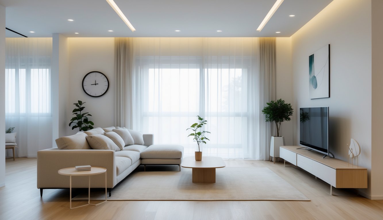 Ruang keluarga dengan sofa modern, meja kopi kayu, televisi, dan tanaman hias di dalam ruangan yang terang.