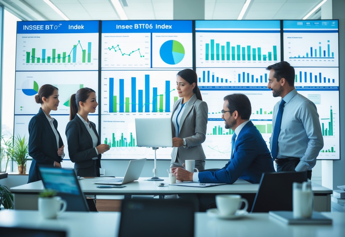 Des professionnels dans un bureau moderne analysant des graphiques financiers sur un grand écran numérique.