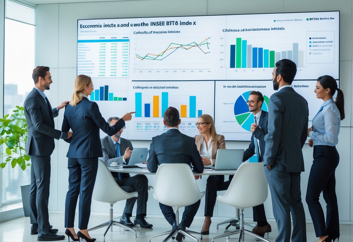 Un groupe de professionnels en réunion dans un bureau moderne, examinant des graphiques économiques sur un écran numérique.