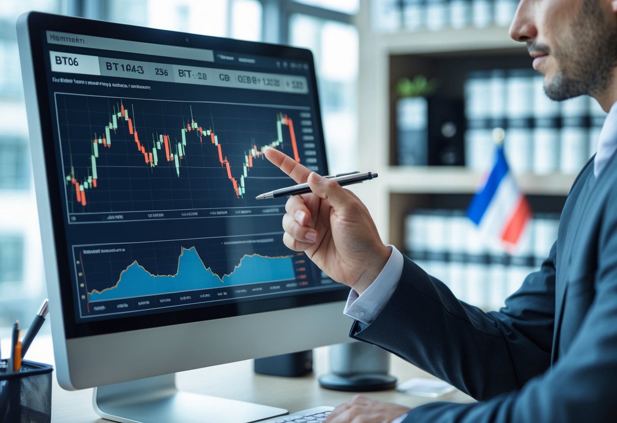 Une personne en bureau moderne analyse des graphiques financiers sur un écran d'ordinateur, avec des rapports économiques en arrière-plan.