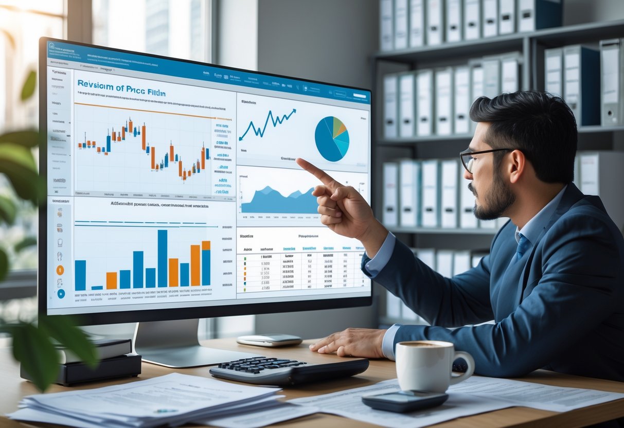 Un professionnel en bureau analysant des données financières sur un écran d'ordinateur avec des graphiques et des tableaux, entouré de documents et d'un calculateur.