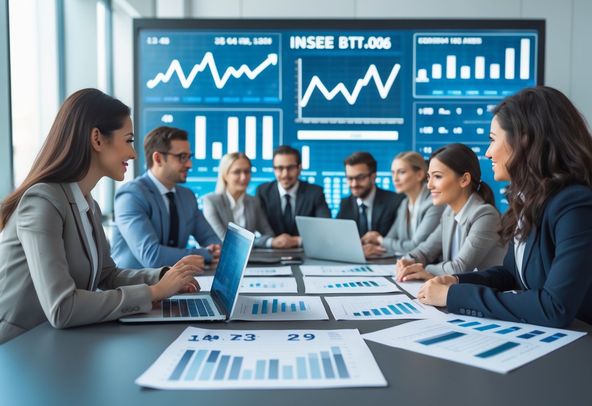Des professionnels en réunion autour d'une table avec des ordinateurs et des graphiques, discutant de données économiques dans un bureau moderne.