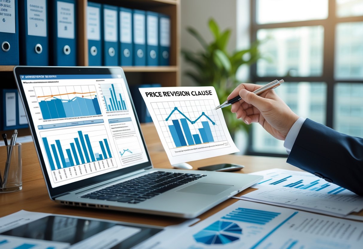 Personne en tenue professionnelle examinant des documents financiers et des graphiques sur un bureau dans un bureau lumineux.