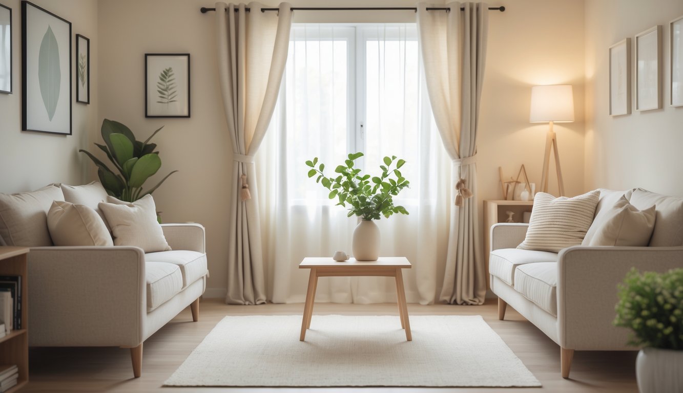 Ruang keluarga sederhana dengan sofa, meja kopi kecil, tanaman hijau, dan pencahayaan alami.