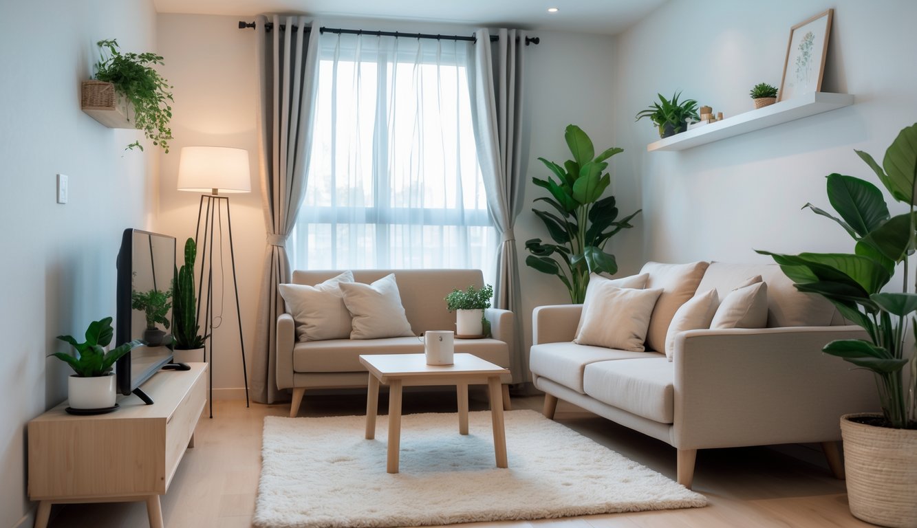 Ruang keluarga kecil yang nyaman dengan sofa, meja kopi, tanaman hias, dan pencahayaan alami.
