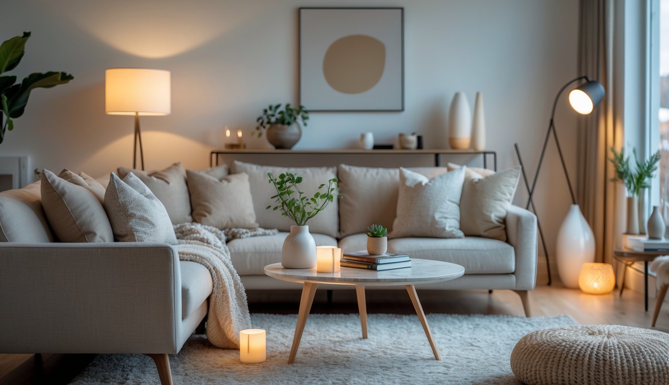 Ruang keluarga dengan sofa nyaman, meja kopi, lampu lantai, jendela besar, dan dekorasi sederhana yang rapi.