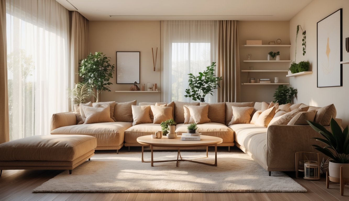 Ruang keluarga yang nyaman dengan sofa besar, meja kopi, tanaman hias, dan pencahayaan alami yang hangat.