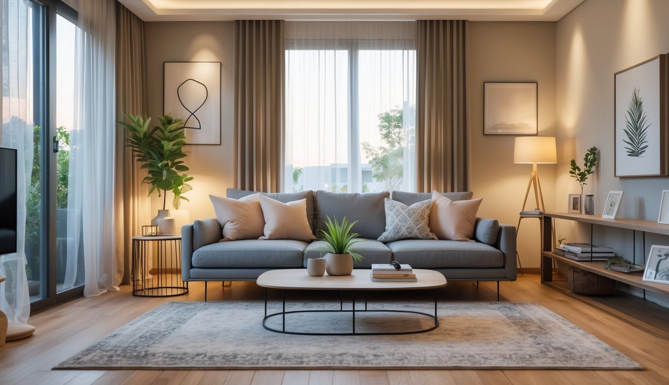 Ruang keluarga dengan sofa, meja kopi, dan dekorasi sederhana.