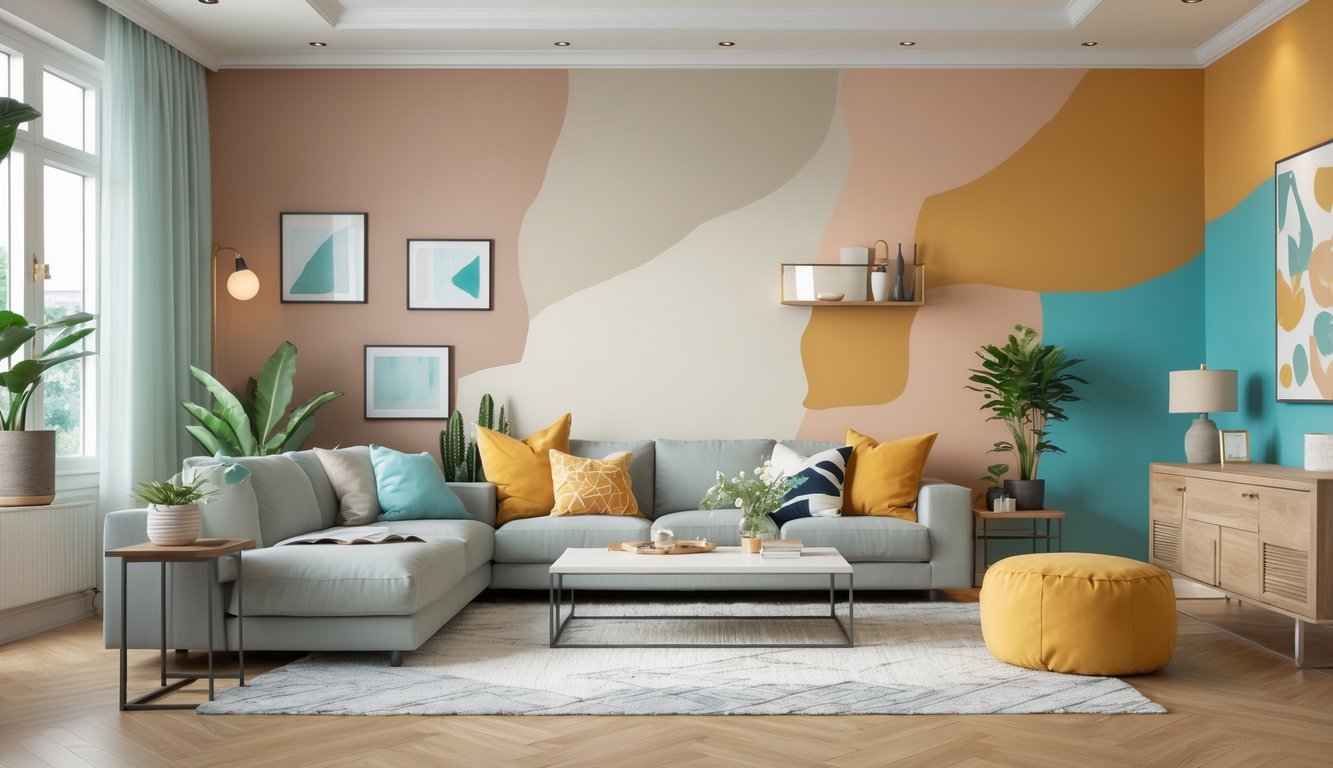 Ruang keluarga dengan berbagai warna cat dinding yang berbeda dan furnitur nyaman.