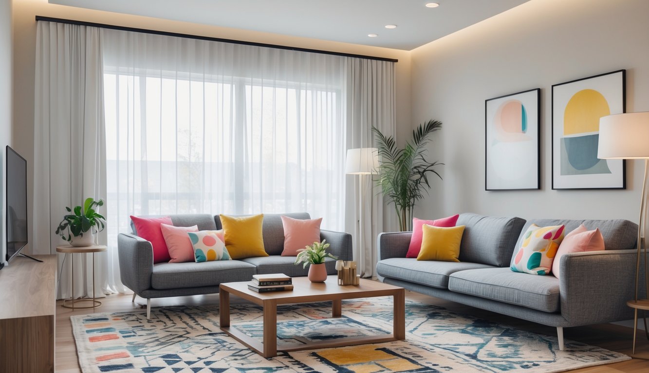 Ruang keluarga rumah modern dengan sofa, meja kopi, jendela besar, dan dekorasi sederhana.