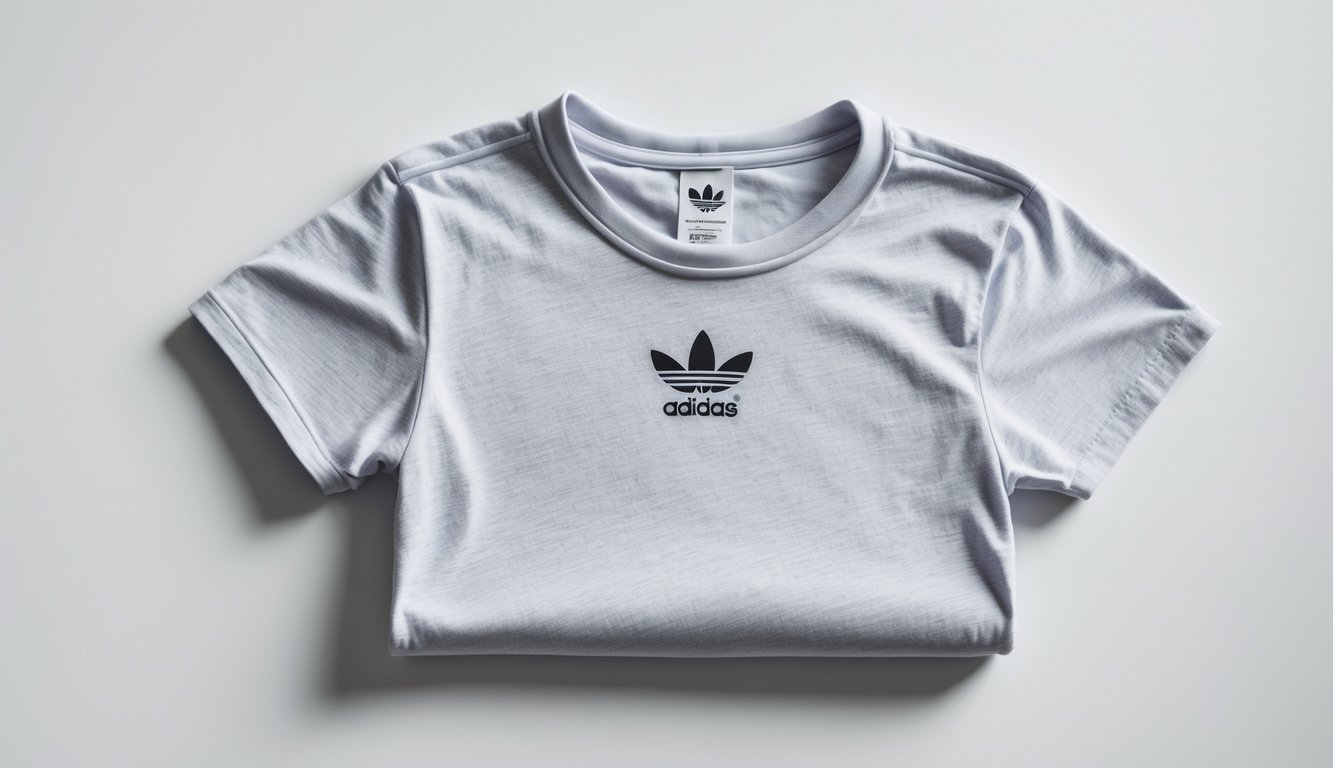 Kaos Adidas original yang dilipat rapi di atas latar belakang putih bersih.