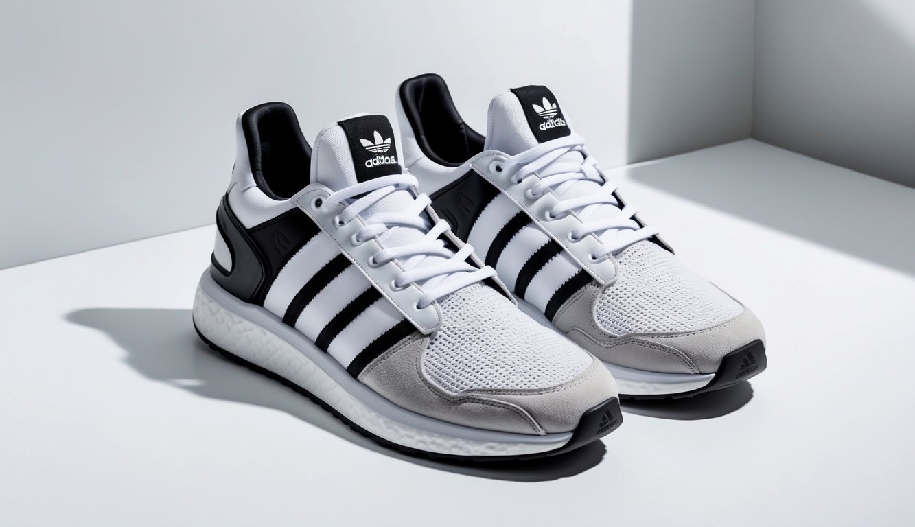 Sepasang sepatu Adidas pria berwarna putih dengan garis hitam, diletakkan di atas latar putih polos.