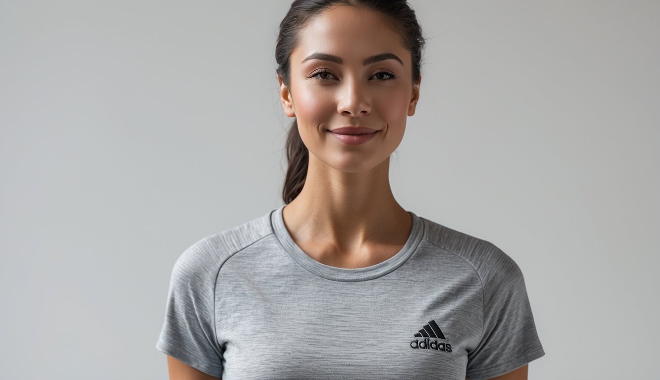 Seorang wanita mengenakan kaos Adidas asli berdiri dengan latar belakang polos.