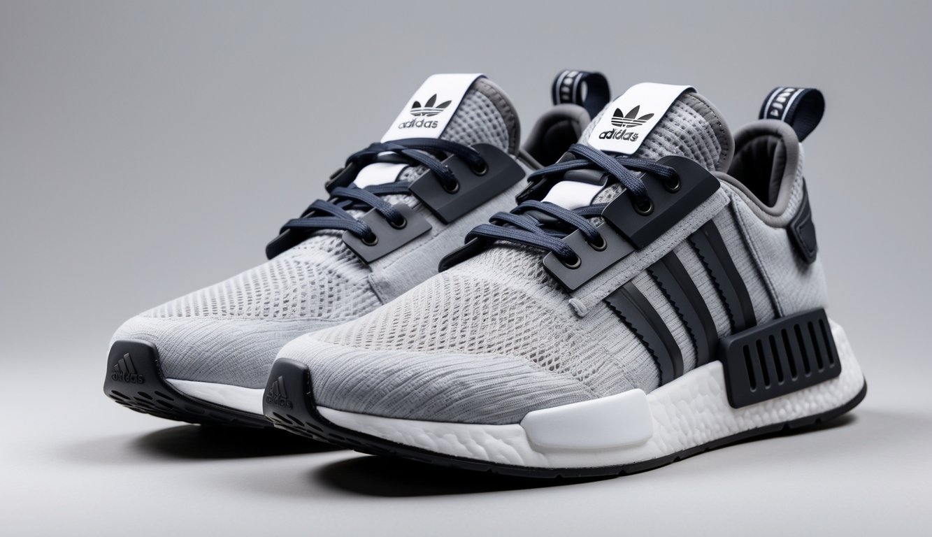 Sepasang sepatu olahraga Adidas diletakkan di atas latar belakang netral.